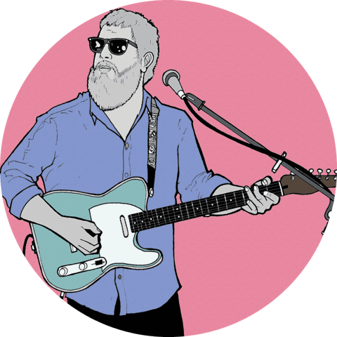 Illustration of Matthew playing a teal electric guitar at a microphone